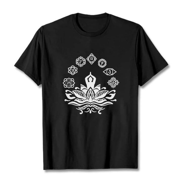 T-shirt décontracté en coton avec motif Buddha Stones et fleurs de lotus, méditation et sept chakras - Noir - 2XL - image 4