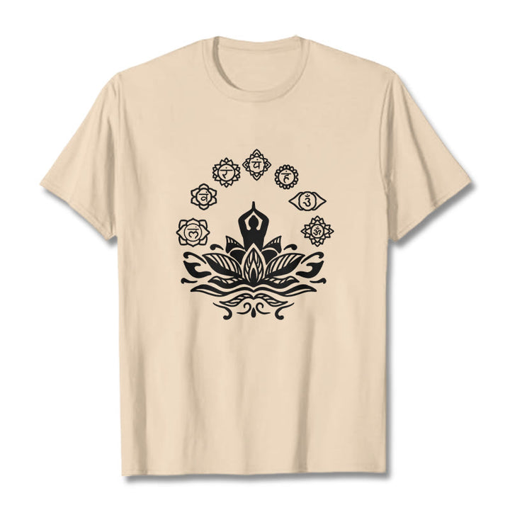 T-shirt décontracté en coton avec motif Buddha Stones et fleurs de lotus, méditation et sept chakras - Bisque - 2XL - image 11