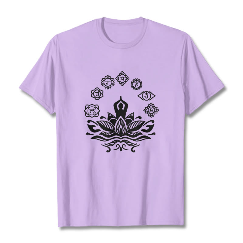 T-shirt décontracté en coton avec motif Buddha Stones et fleurs de lotus, méditation et sept chakras - Prune - 2XL - image 17