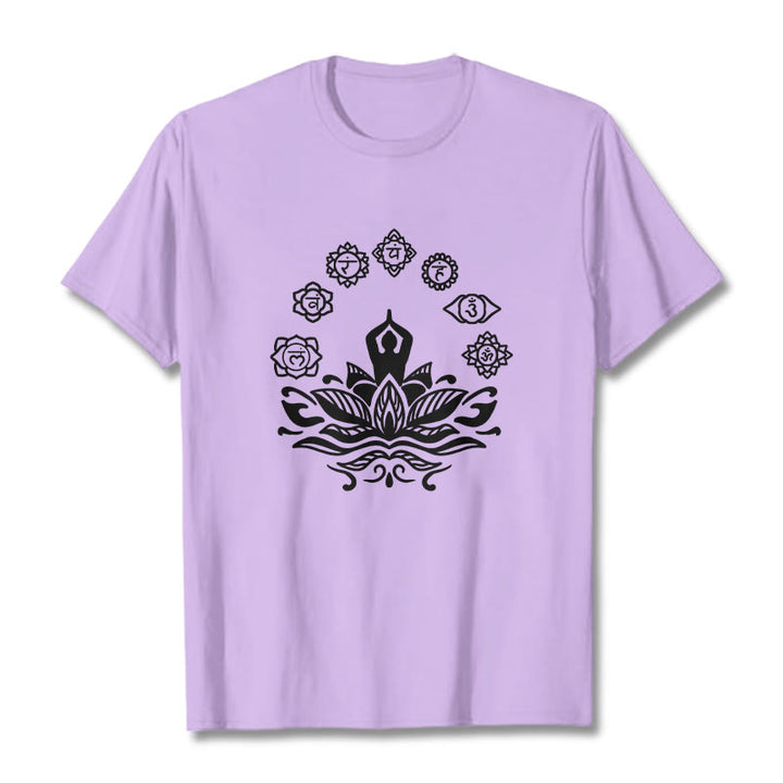 T-shirt décontracté en coton avec motif Buddha Stones et fleurs de lotus, méditation et sept chakras - Prune - 2XL - image 17