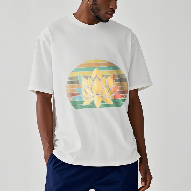 T-shirt décontracté en coton à rayures rétro avec motif de fleurs de lotus et Buddha Stones - image 7