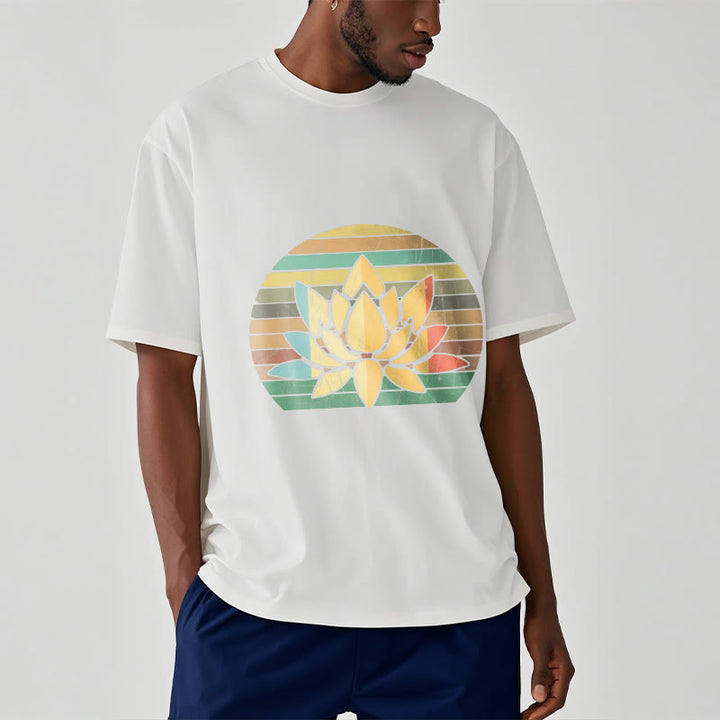 T-shirt décontracté en coton à rayures rétro avec motif de fleurs de lotus et Buddha Stones - image 7