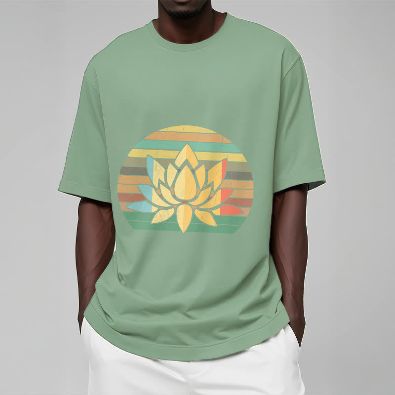 T-shirt décontracté en coton à rayures rétro avec motif de fleurs de lotus et Buddha Stones - image 16