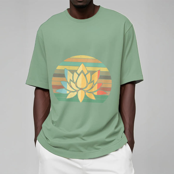 T-shirt décontracté en coton à rayures rétro avec motif de fleurs de lotus et Buddha Stones - image 16