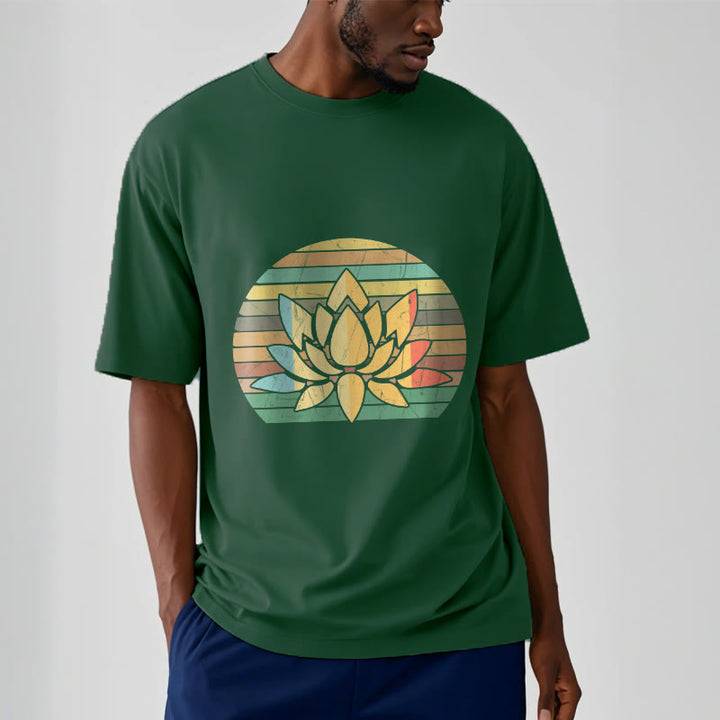 T-shirt décontracté en coton à rayures rétro avec motif de fleurs de lotus et Buddha Stones - image 12