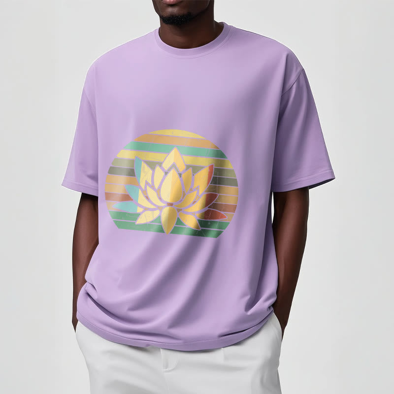 T-shirt décontracté en coton à rayures rétro avec motif de fleurs de lotus et Buddha Stones - image 18