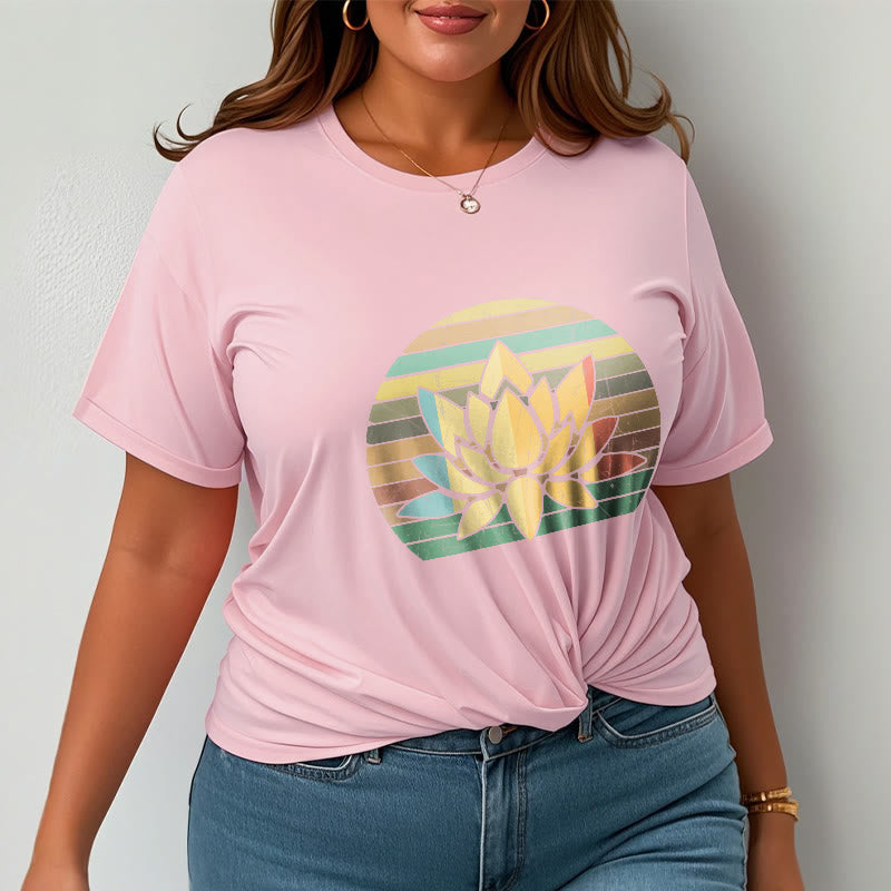T-shirt décontracté en coton à rayures rétro avec motif de fleurs de lotus et Buddha Stones - image 14