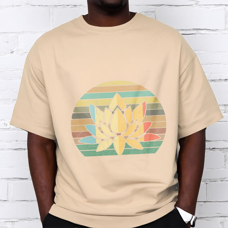 T-shirt décontracté en coton à rayures rétro avec motif de fleurs de lotus et Buddha Stones - image 10