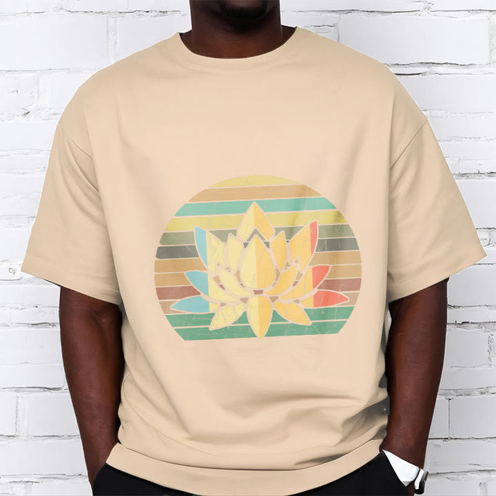 T-shirt décontracté en coton à rayures rétro avec motif de fleurs de lotus et Buddha Stones - image 10