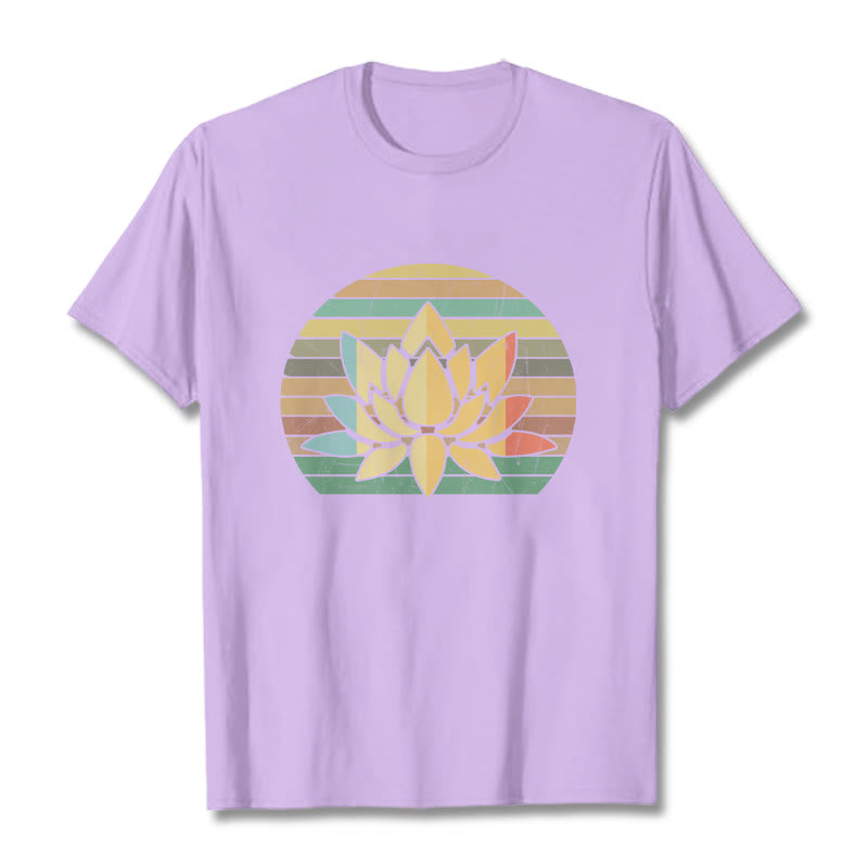 T-shirt décontracté en coton à rayures rétro avec motif de fleurs de lotus et Buddha Stones - Prune - 2XL - image 17