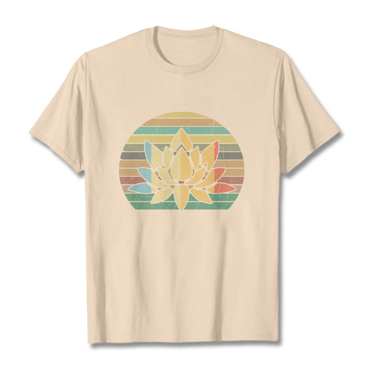 T-shirt décontracté en coton à rayures rétro avec motif de fleurs de lotus et Buddha Stones - Bisque - 2XL - image 9