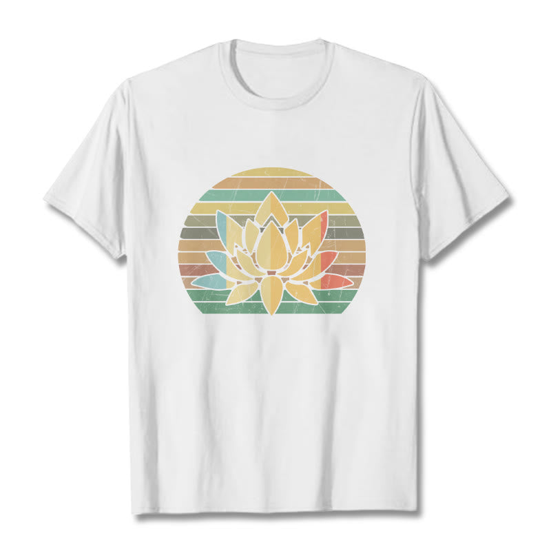 T-shirt décontracté en coton à rayures rétro avec motif de fleurs de lotus et Buddha Stones - Blanc - 2XL - image 6