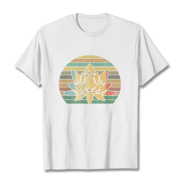 T-shirt décontracté en coton à rayures rétro avec motif de fleurs de lotus et Buddha Stones - Blanc - 2XL - image 6
