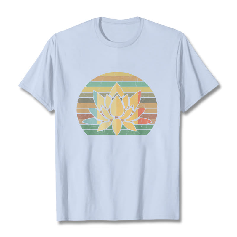 T-shirt décontracté en coton à rayures rétro avec motif de fleurs de lotus et Buddha Stones - Cyan clair - 2XL - image 19