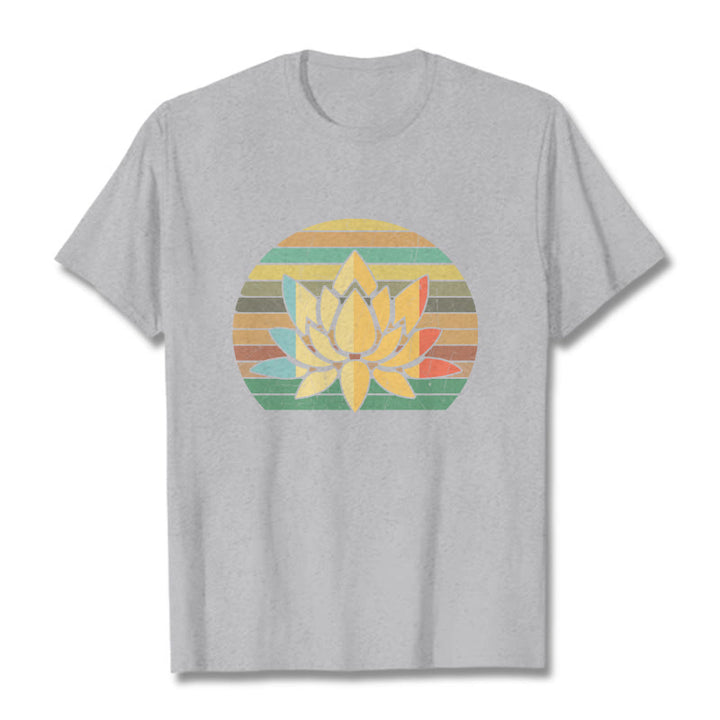 T-shirt décontracté en coton à rayures rétro avec motif de fleurs de lotus et Buddha Stones - Gris clair - 2XL - image 20