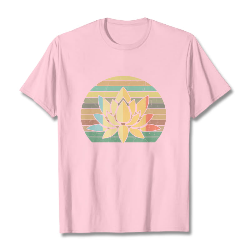 T-shirt décontracté en coton à rayures rétro avec motif de fleurs de lotus et Buddha Stones - Rose clair - 2XL - image 13