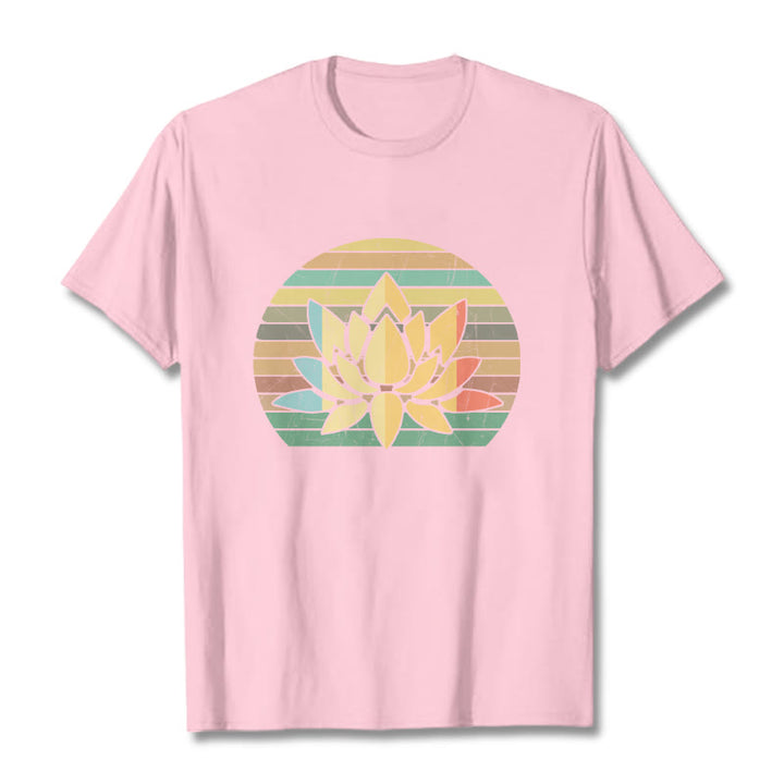 T-shirt décontracté en coton à rayures rétro avec motif de fleurs de lotus et Buddha Stones - Rose clair - 2XL - image 13