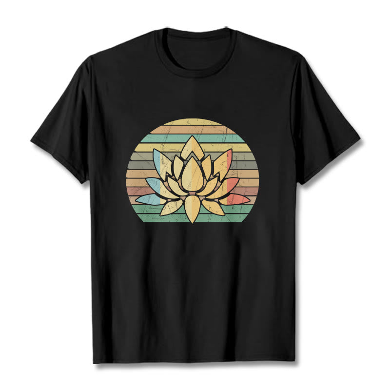T-shirt décontracté en coton à rayures rétro avec motif de fleurs de lotus et Buddha Stones - Noir - 2XL - image 1