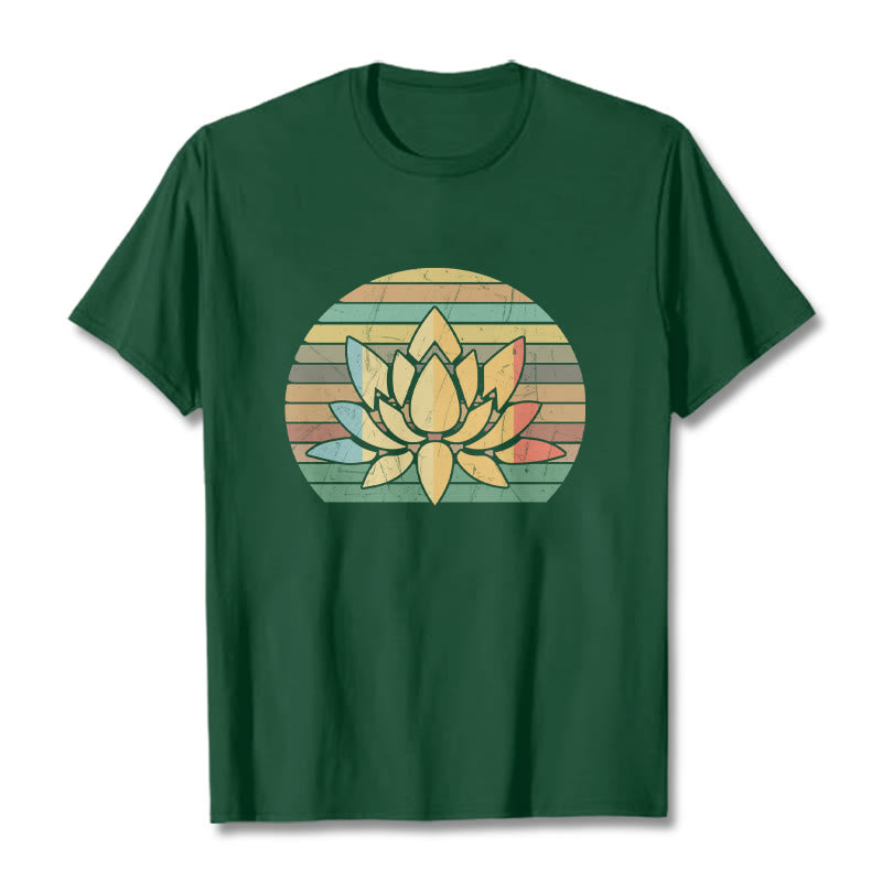 T-shirt décontracté en coton à rayures rétro avec motif de fleurs de lotus et Buddha Stones - Forêt Verte - 2XL - image 11