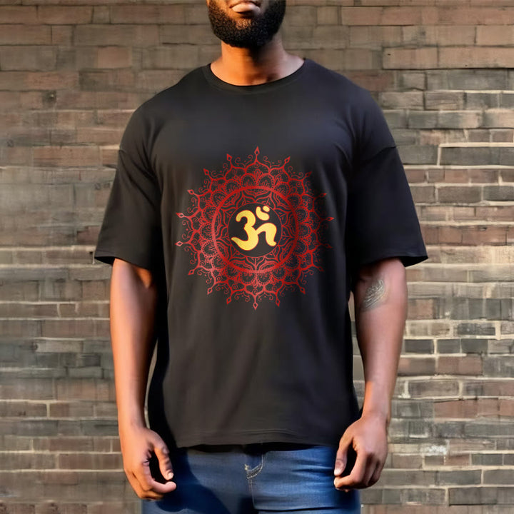 T-shirt décontracté en coton avec motif de symbole Om et mandala rouge Buddha Stones - image 3