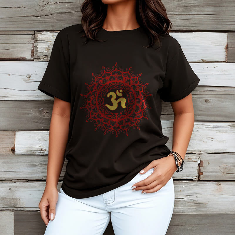 T-shirt décontracté en coton avec motif de symbole Om et mandala rouge Buddha Stones - image 3