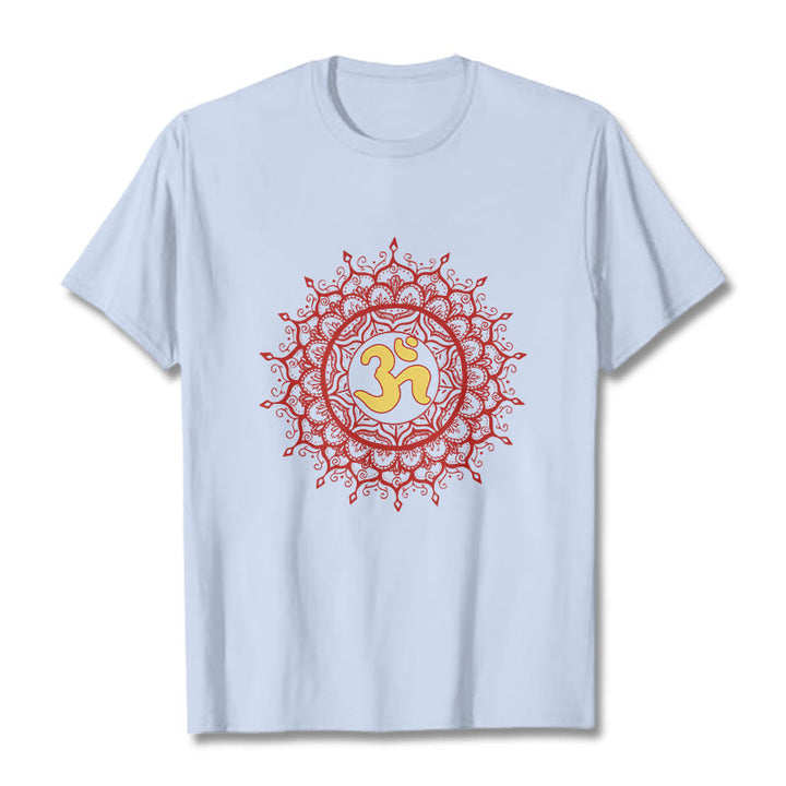 T-shirt décontracté en coton avec motif de symbole Om et mandala rouge Buddha Stones - Cyan clair - 2XL - image 18