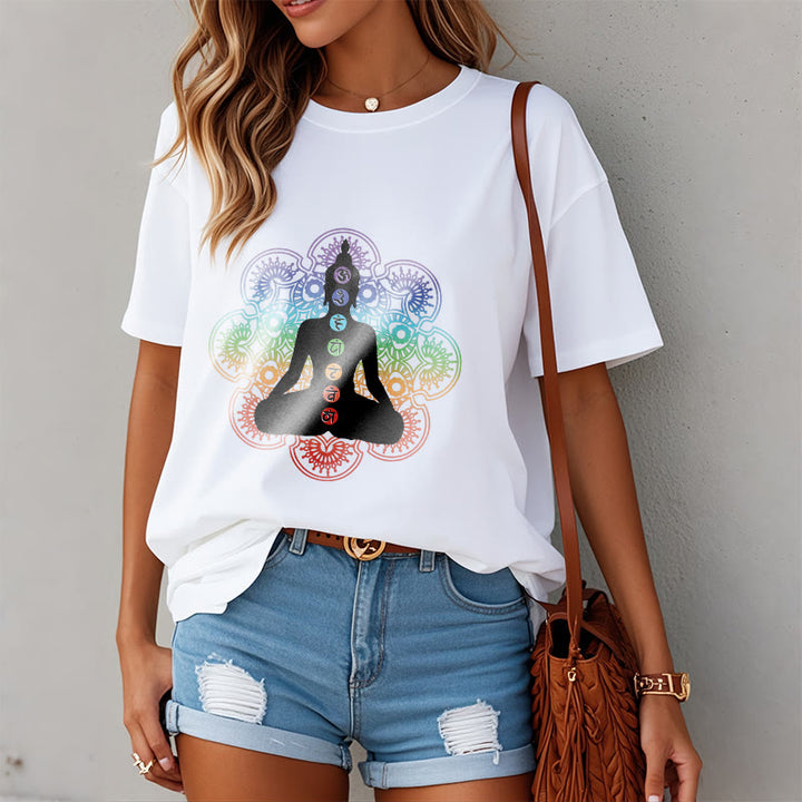 T-shirt décontracté en coton avec motif mandala coloré représentant des Buddha Stones - image 8
