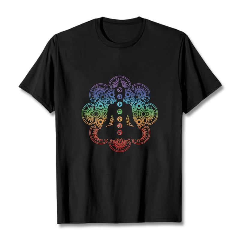 T-shirt décontracté en coton avec motif mandala coloré représentant des Buddha Stones - Noir - 2XL - image 1