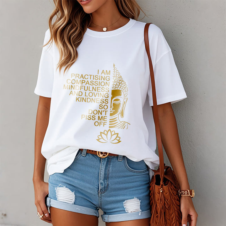 T-shirt décontracté en coton avec motif de fleur de lotus et de Buddha Stones doré - image 3