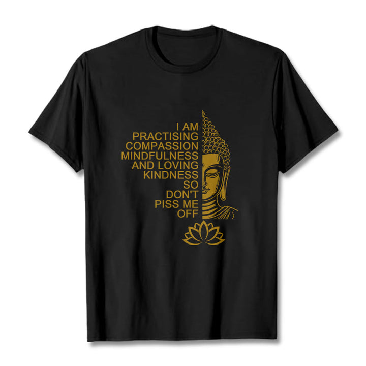 T-shirt décontracté en coton avec motif de fleur de lotus et de Buddha Stones doré - Noir - 2XL - image 5