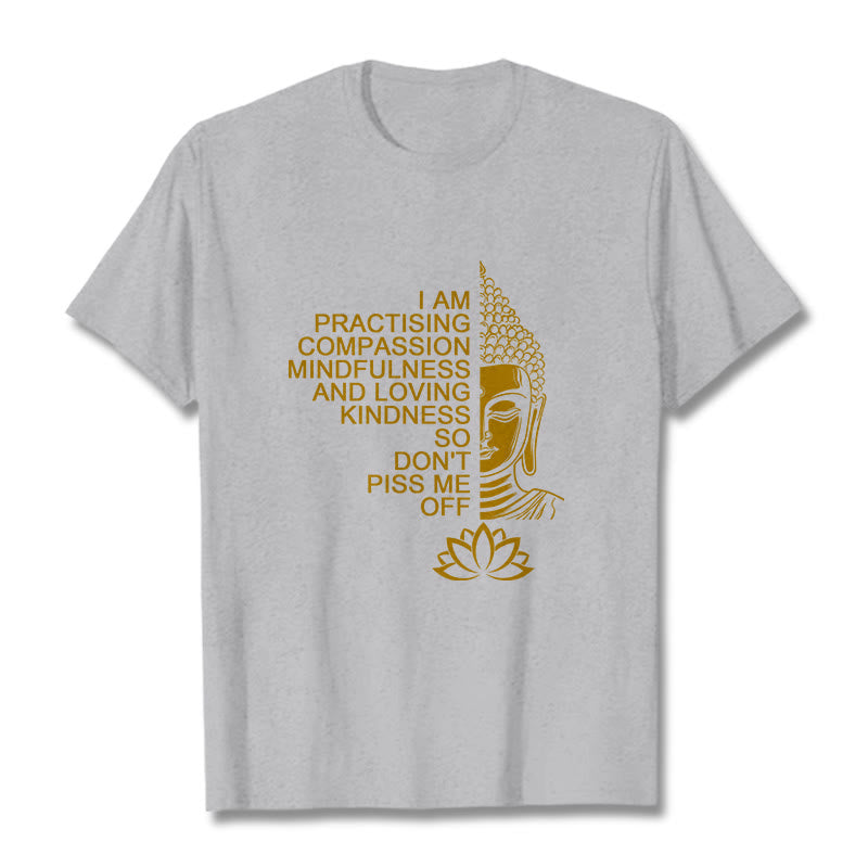 T-shirt décontracté en coton avec motif de fleur de lotus et de Buddha Stones doré - Gris clair - 2XL - image 20