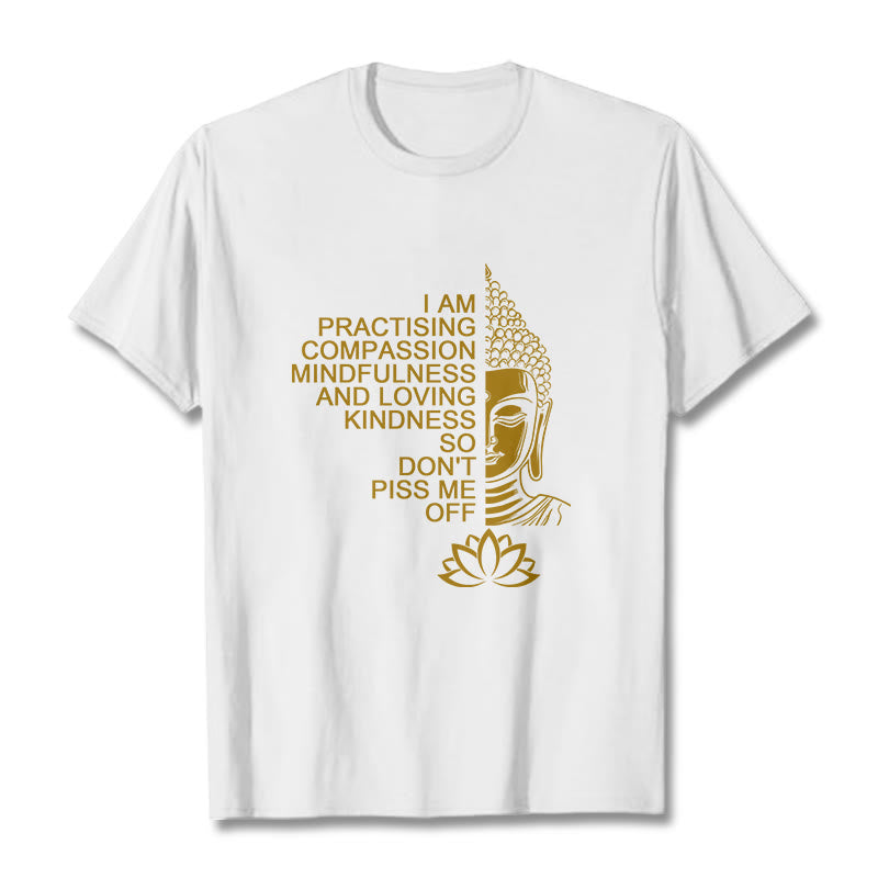 T-shirt décontracté en coton avec motif de fleur de lotus et de Buddha Stones doré - Blanc - 2XL - image 1