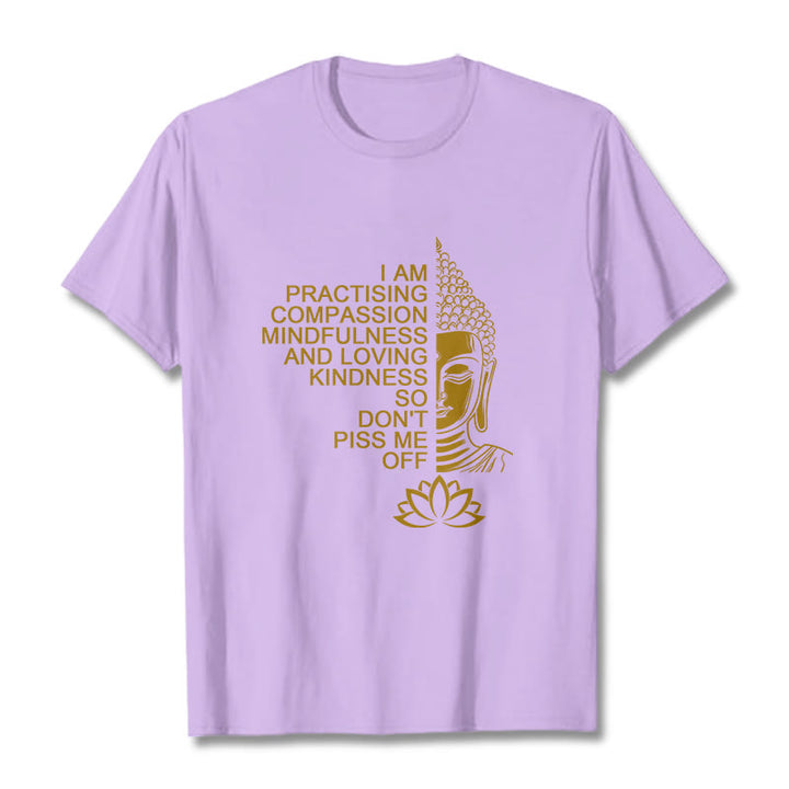 T-shirt décontracté en coton avec motif de fleur de lotus et de Buddha Stones doré - Prune - 2XL - image 17