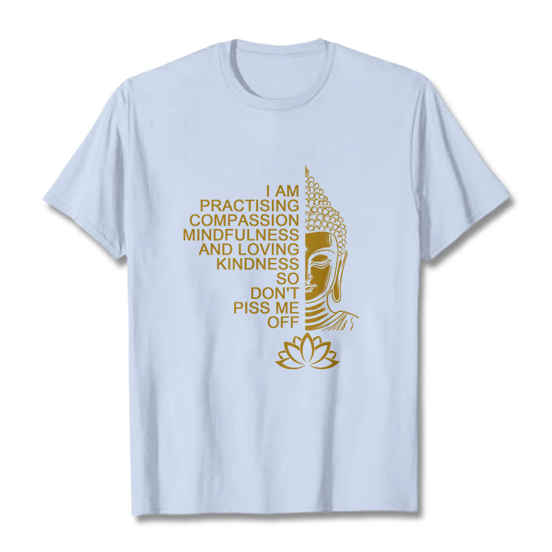 T-shirt décontracté en coton avec motif de fleur de lotus et de Buddha Stones doré - Cyan clair - 2XL - image 19