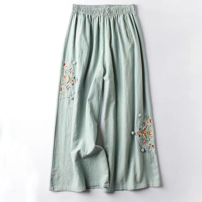 Pantalon large en coton avec poches et broderie ethnique Buddha Stones Spring pour femme - Vert pâle - US12, UK/AU16, EU44 (4XL) - image 6
