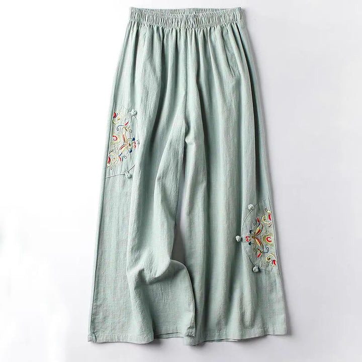 Pantalon large en coton avec poches et broderie ethnique Buddha Stones Spring pour femme - Vert pâle - US12, UK/AU16, EU44 (4XL) - image 6
