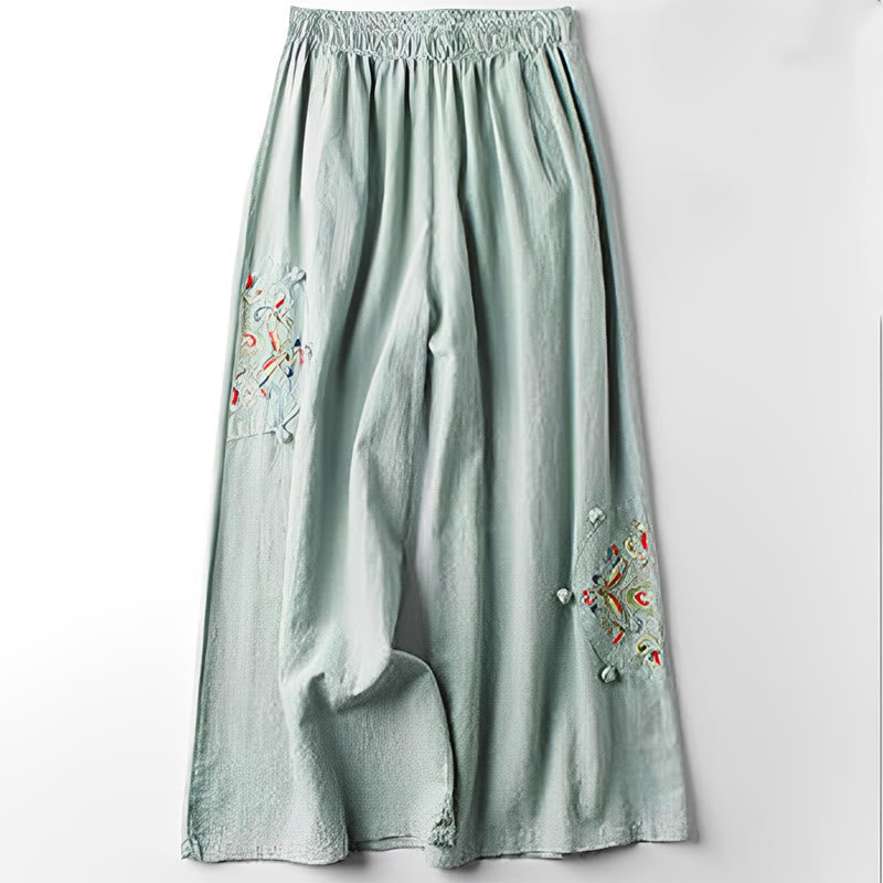 Pantalon large en coton avec poches et broderie ethnique Buddha Stones Spring pour femme - image 8