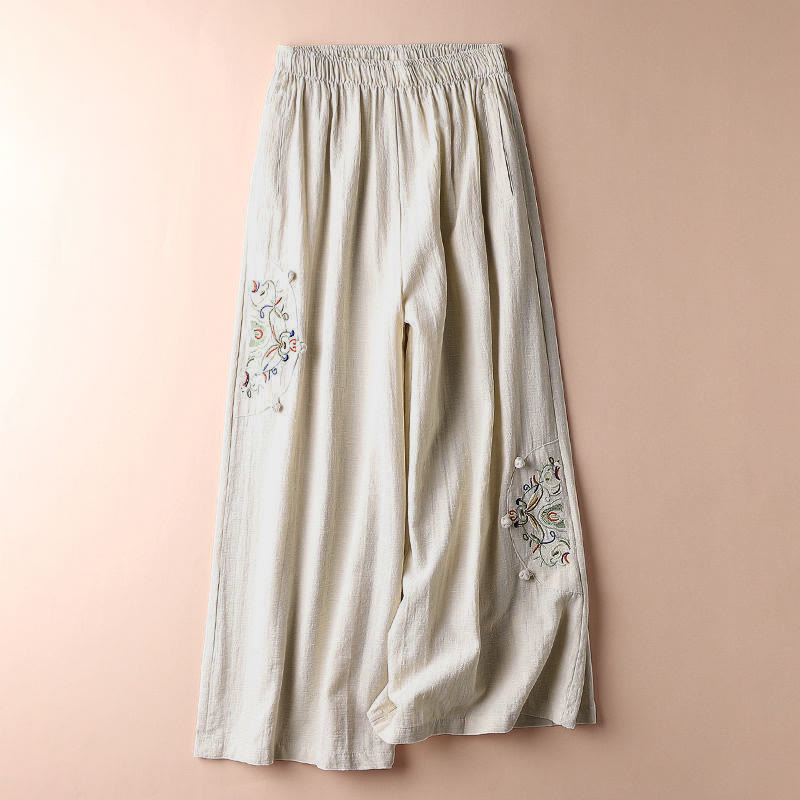 Pantalon large en coton avec poches et broderie ethnique Buddha Stones Spring pour femme - image 2