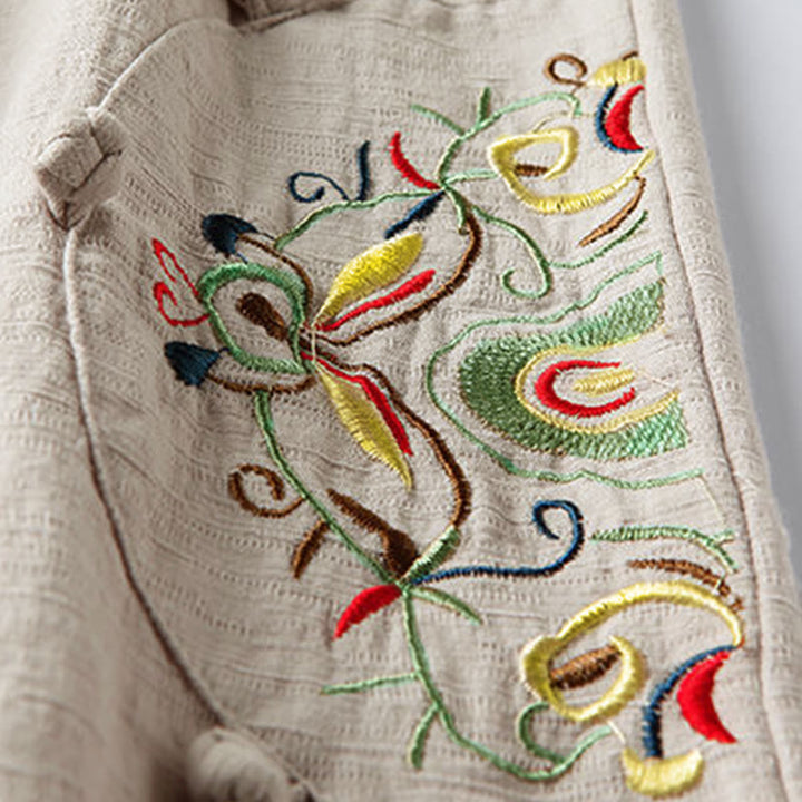 Pantalon large en coton avec poches et broderie ethnique Buddha Stones Spring pour femme - image 3