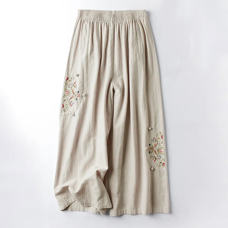 Pantalon large en coton avec poches et broderie ethnique Buddha Stones Spring pour femme - Lin - US12, UK/AU16, EU44 (4XL) - image 1