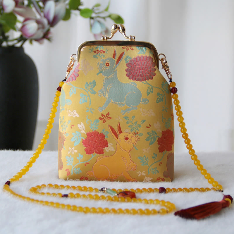 Sac à bandoulière rétro en perles brodées chinoises avec Buddha Stones - Lapin jaune fleur rouge 14*6*18cm - image 14