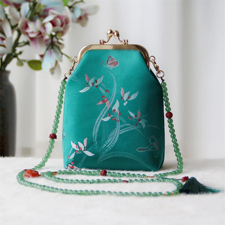Sac à bandoulière rétro en perles brodées chinoises avec Buddha Stones - Orchidée papillon verte 14 x 6 x 18 cm - image 28