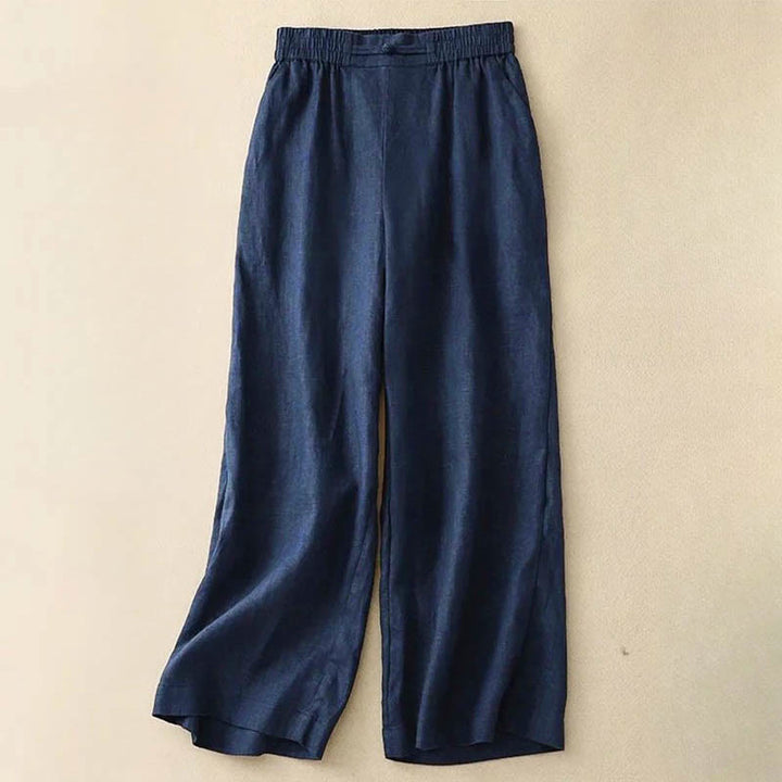 Pantalon large en coton et lin pour femme, polyvalent, couleur unie, avec ceinture élastique et boutons Buddha Stones , avec poches - Bleu nuit - US12，UK/AU16，EU44 (3XL) - image 9