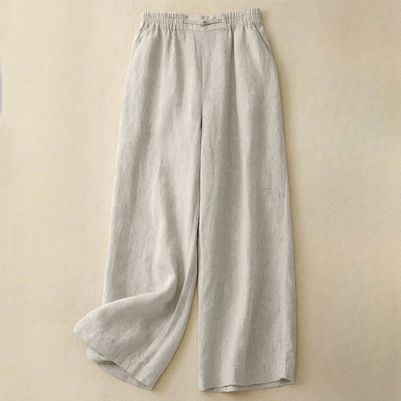 Pantalon large en coton et lin pour femme, polyvalent, couleur unie, avec ceinture élastique et boutons Buddha Stones , avec poches - Beige - US12，UK/AU16，EU44 (3XL) - image 12