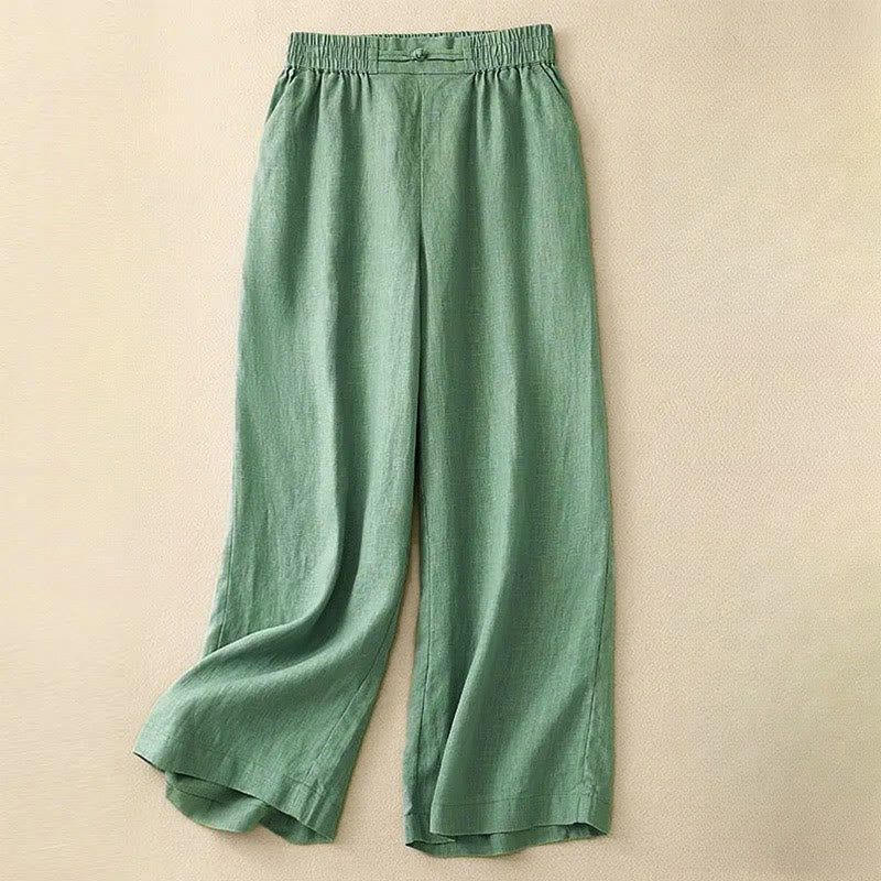Pantalon large en coton et lin pour femme, polyvalent, couleur unie, avec ceinture élastique et boutons Buddha Stones , avec poches - Vert printemps moyen - US12，UK/AU16，EU44 (3XL) - image 1