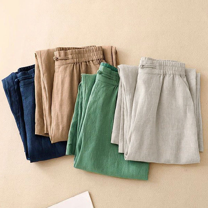 Pantalon large en coton et lin pour femme, polyvalent, couleur unie, avec ceinture élastique et boutons Buddha Stones , avec poches - image 18