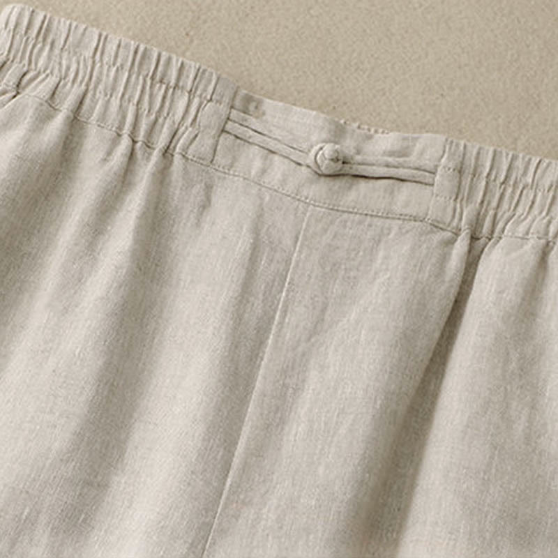 Pantalon large en coton et lin pour femme, polyvalent, couleur unie, avec ceinture élastique et boutons Buddha Stones , avec poches - image 13
