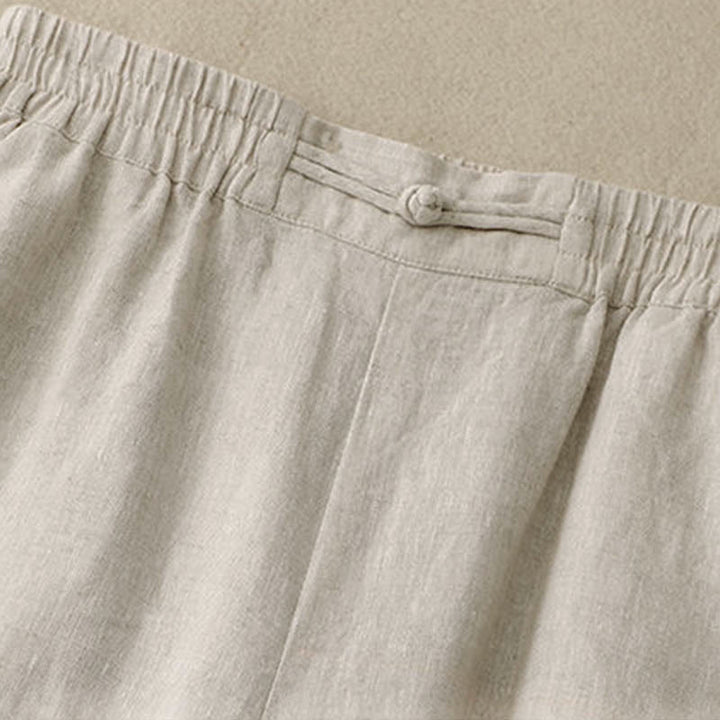 Pantalon large en coton et lin pour femme, polyvalent, couleur unie, avec ceinture élastique et boutons Buddha Stones , avec poches - image 13