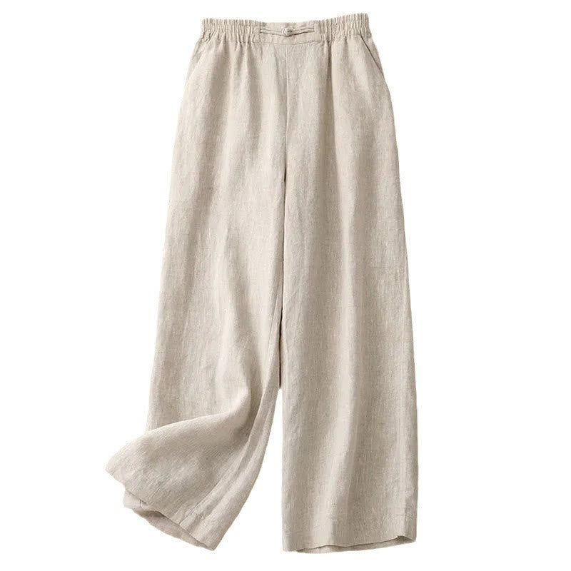 Pantalon large en coton et lin pour femme, polyvalent, couleur unie, avec ceinture élastique et boutons Buddha Stones , avec poches - image 17