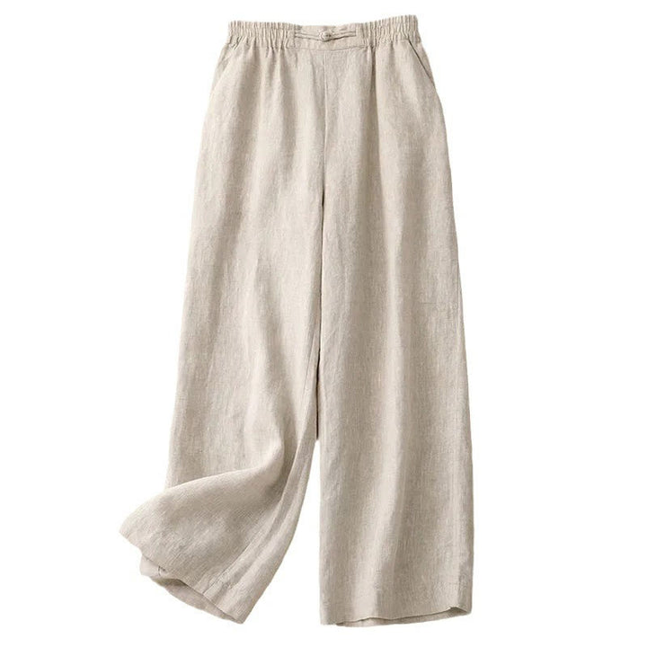 Pantalon large en coton et lin pour femme, polyvalent, couleur unie, avec ceinture élastique et boutons Buddha Stones , avec poches - image 17